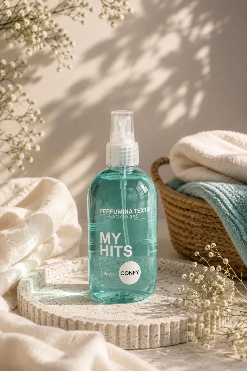Perfumina textil SABIA ESENCIA aroma Confy entre toallas y flores